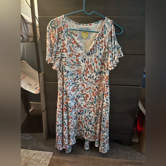 Maeve Anthro‎ Watercolor Pastel Orange Blue Dot Flutter Sleeve Cutout Dress XS - Picture 3 of 8